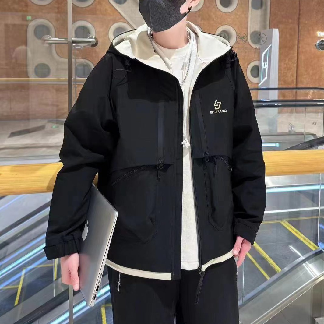 6666-3#秋季新款户外防风防水情侣时尚连帽冲锋衣夹克百搭外套