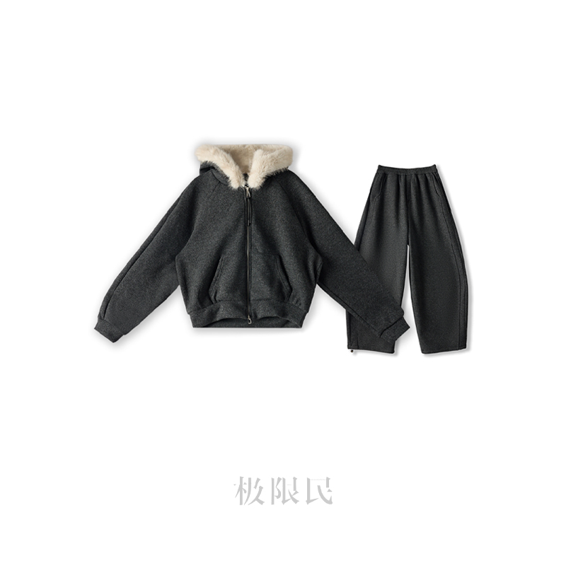 极限民《觅琳》冬季休闲百搭毛领外套加绒长裤套装F5415N2716