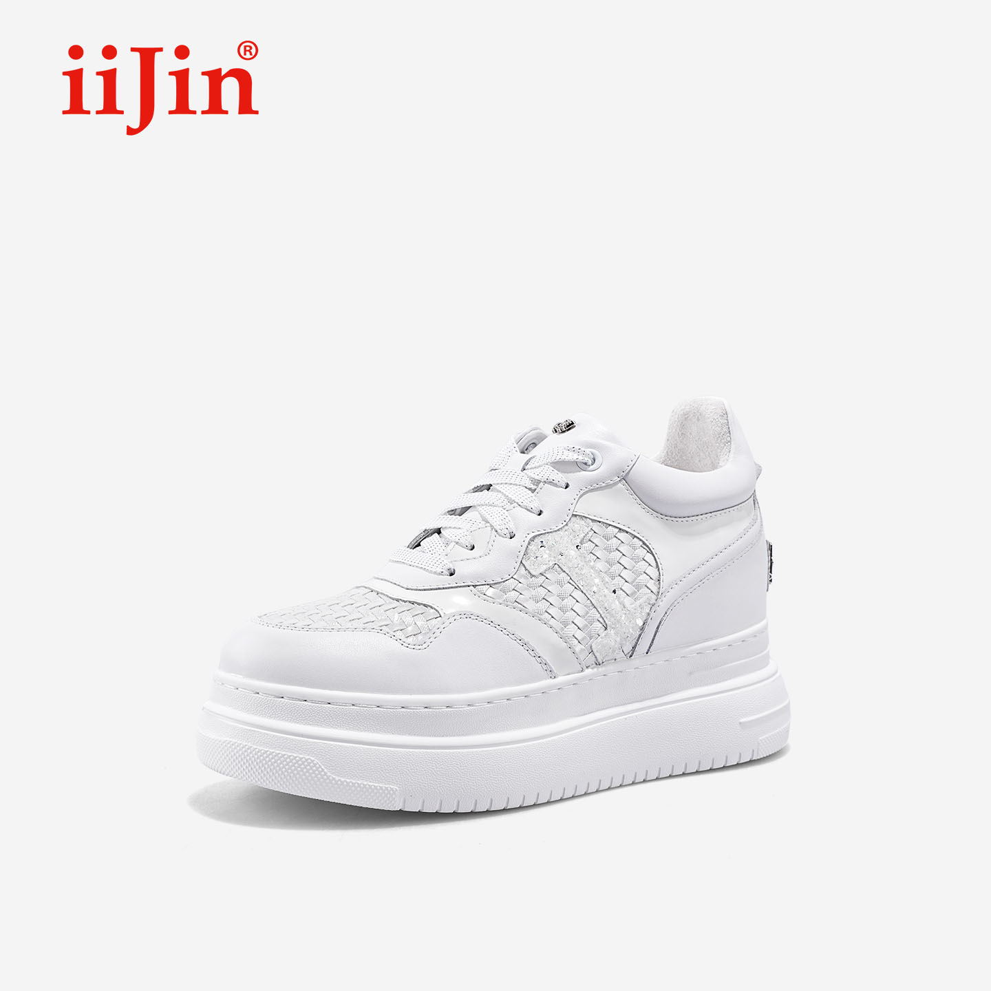 iiJin艾今25秋新品9cm厚底内增高超轻编织小白鞋休闲板鞋女283GTN