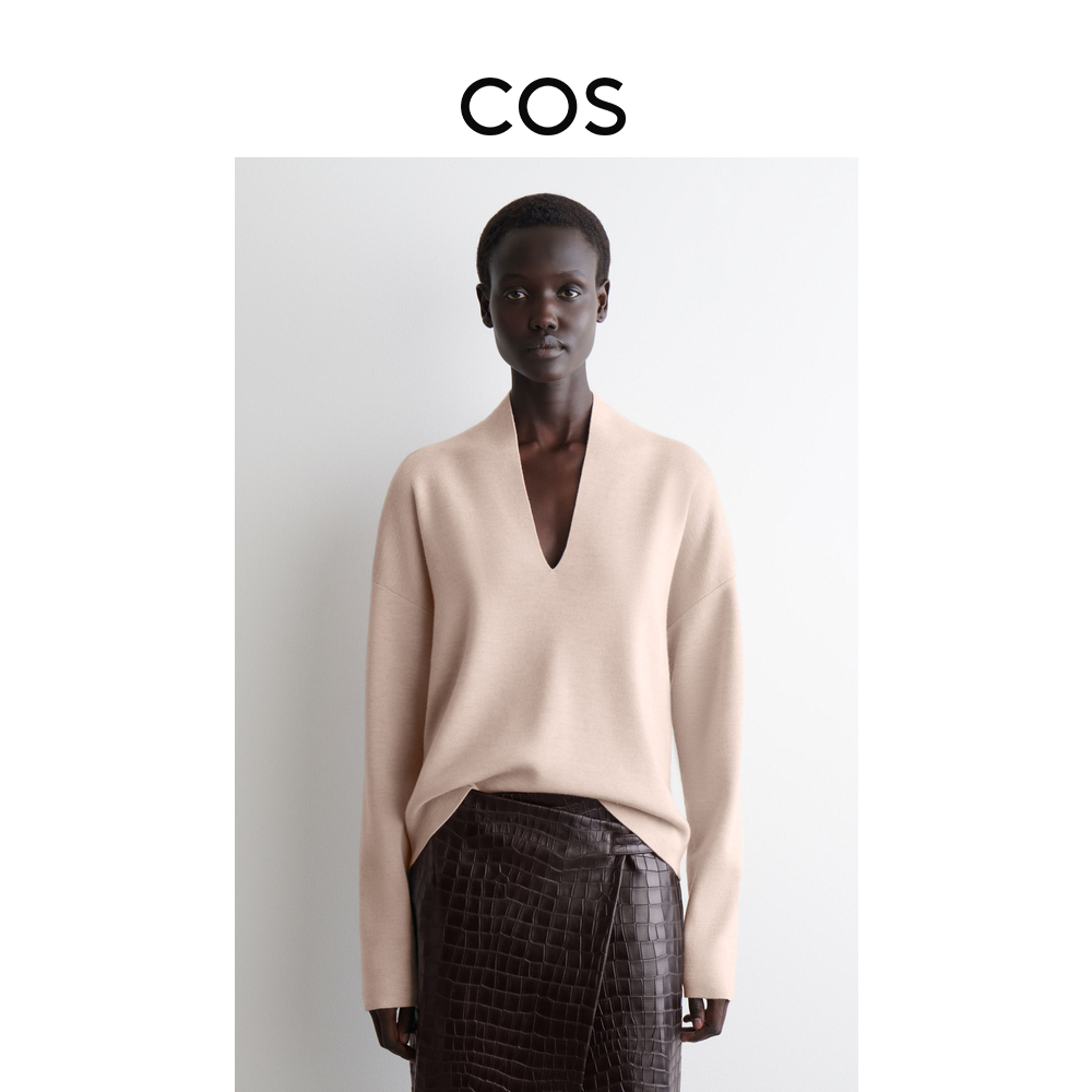 COS女装 标准版型垂褶V领美利奴羊毛毛衣2025秋季新品1298761002