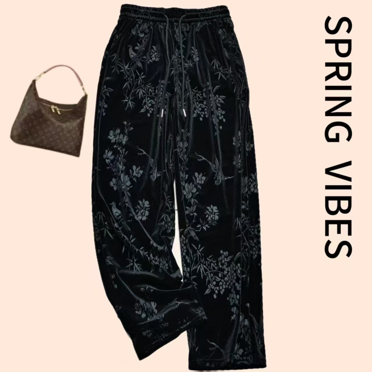 原创新中式爆款妈妈长裤春夏新款松紧腰国风提花直筒裤丝绒女长裤