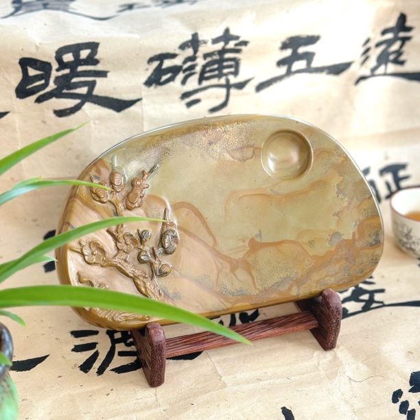 精品老坑纯手工尼山砚天然原石梅花坑书法实用精雕砚台尺寸23×13