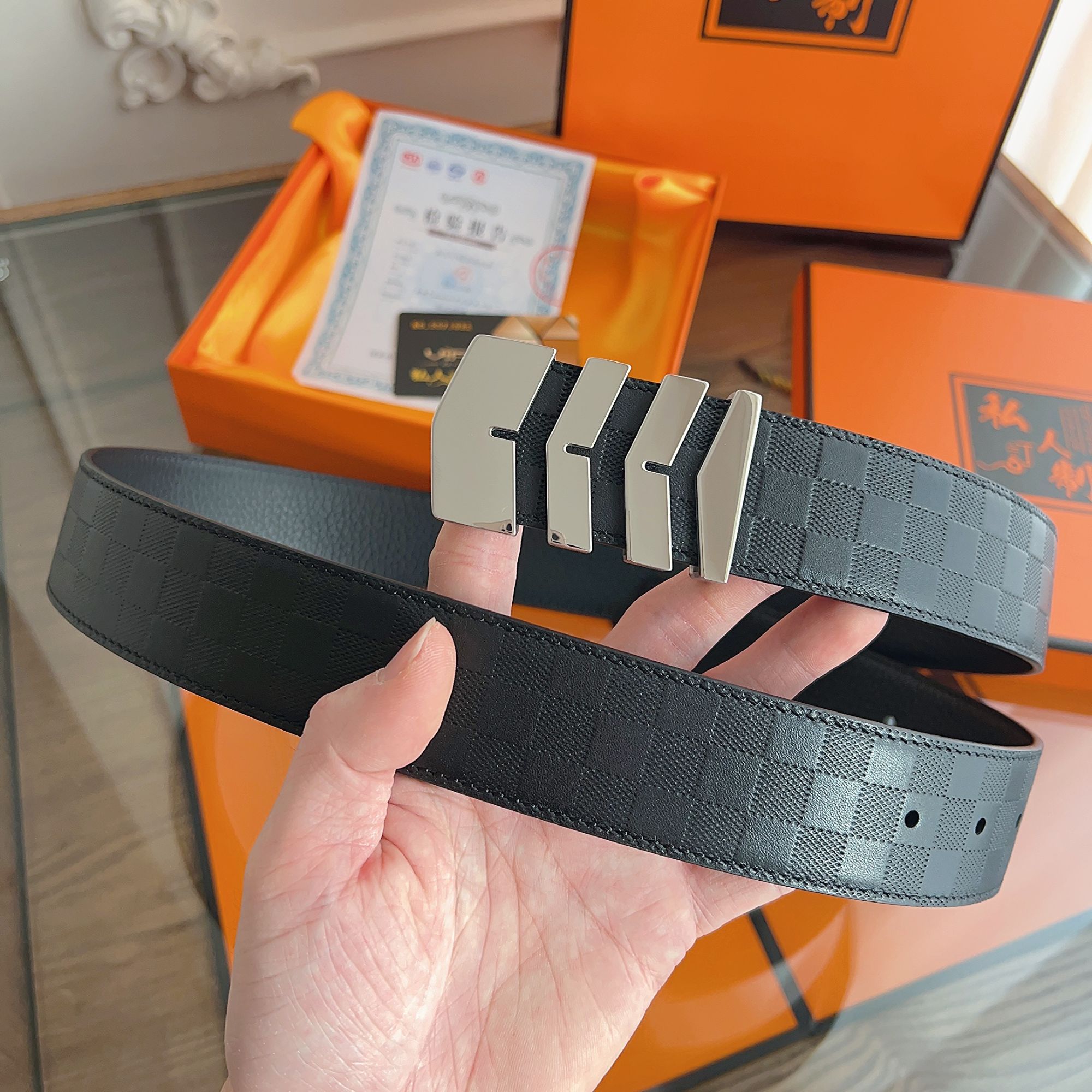 板扣3.8cm皮带男正装商务百搭格子荔枝纹双面用 头层牛皮男士腰带