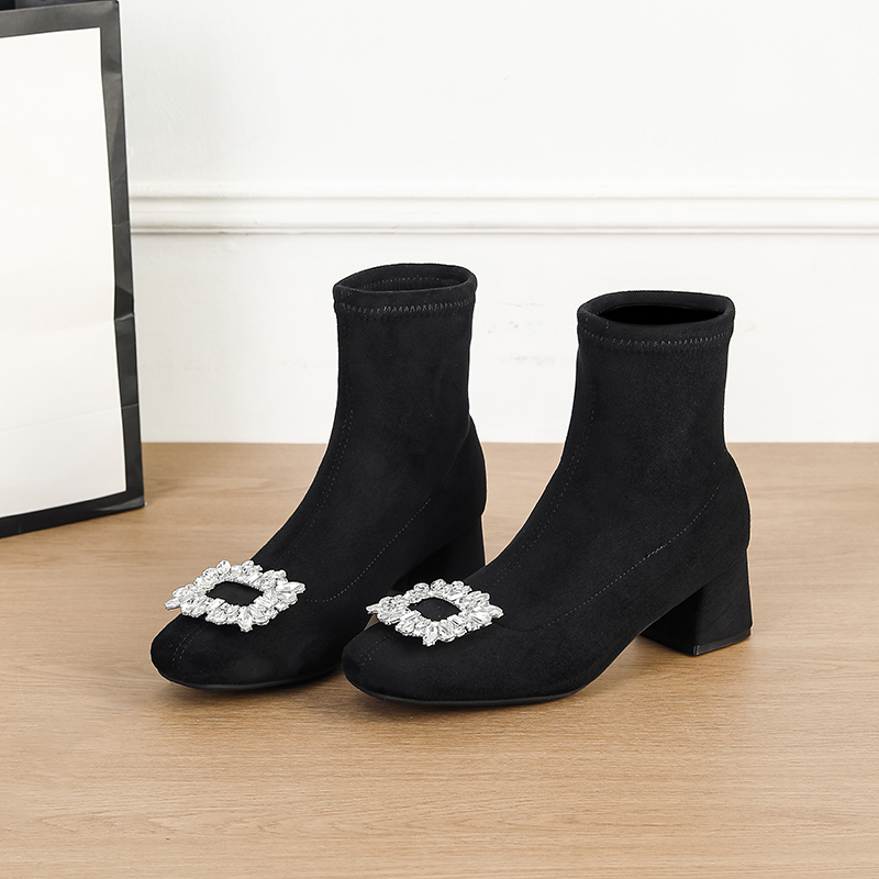 秋冬新款水钻方头弹力靴袜靴黑色高跟靴子秋冬女靴瘦瘦靴百搭
