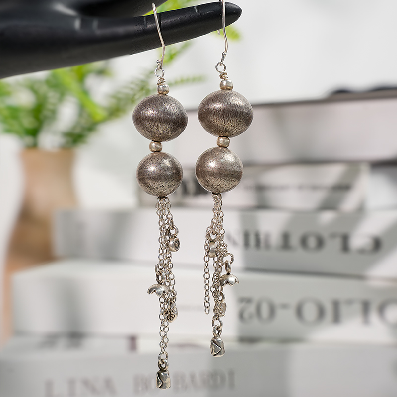 925银银制品 泰国925银流苏耳饰复古做旧风民族风手工长款耳钩