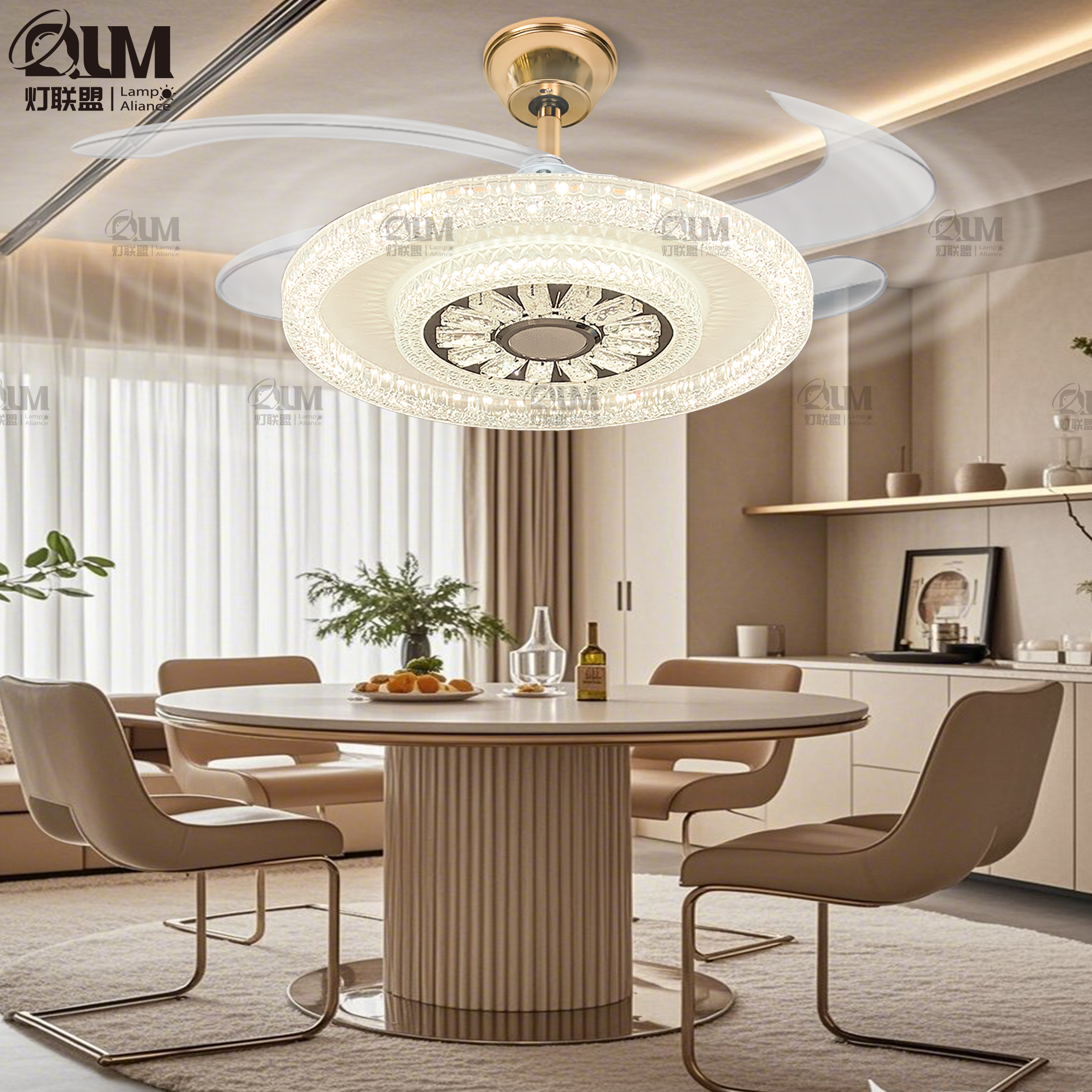 ZZ新款智能一体静音节能隐形水晶风扇灯轻奢风【2117】