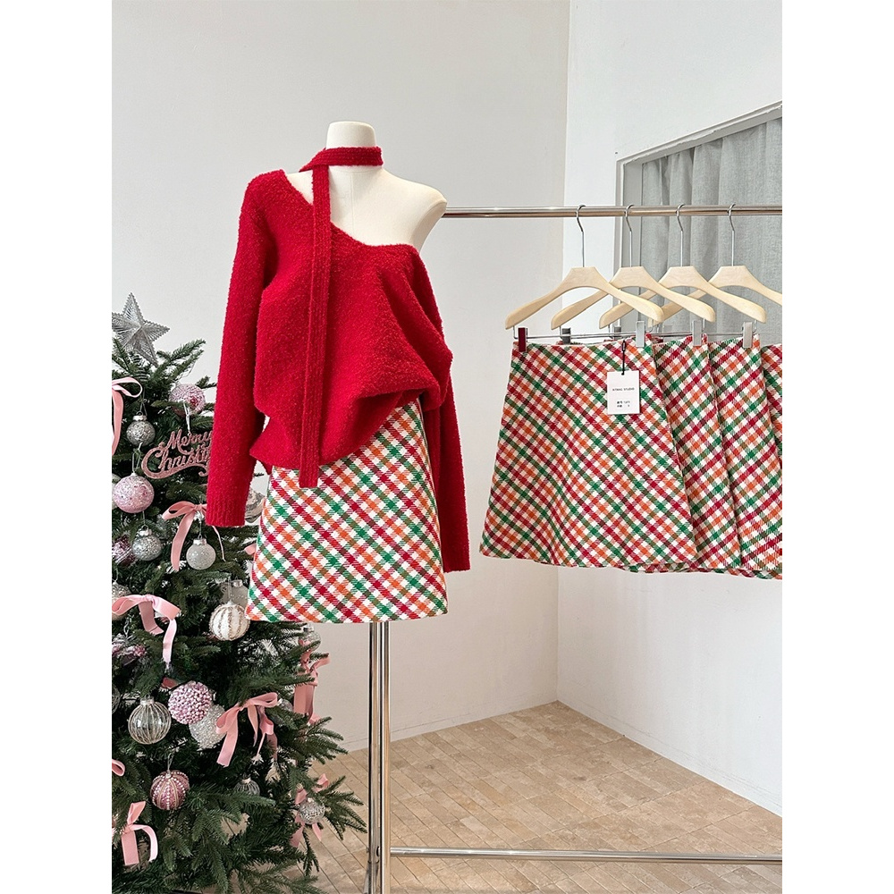 超好看的彩虹格毛呢半身裙女冬季新款法式小众高腰显瘦鱼尾裙