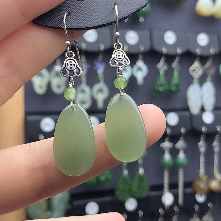 和田玉耳饰银S925镶嵌