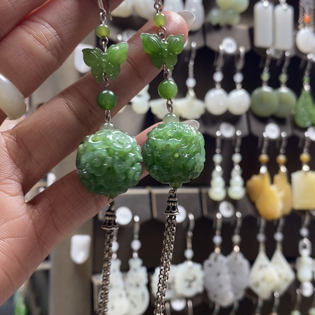 和田玉耳饰银S925镶嵌锐****司