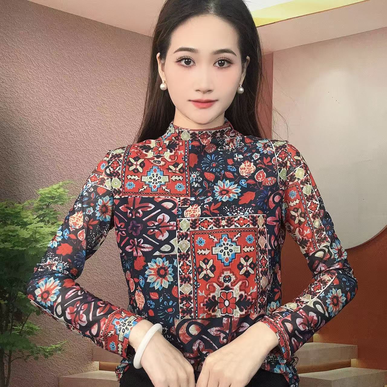 2025秋季新款长袖高领肌肤纱时尚显瘦印花T恤上衣B109