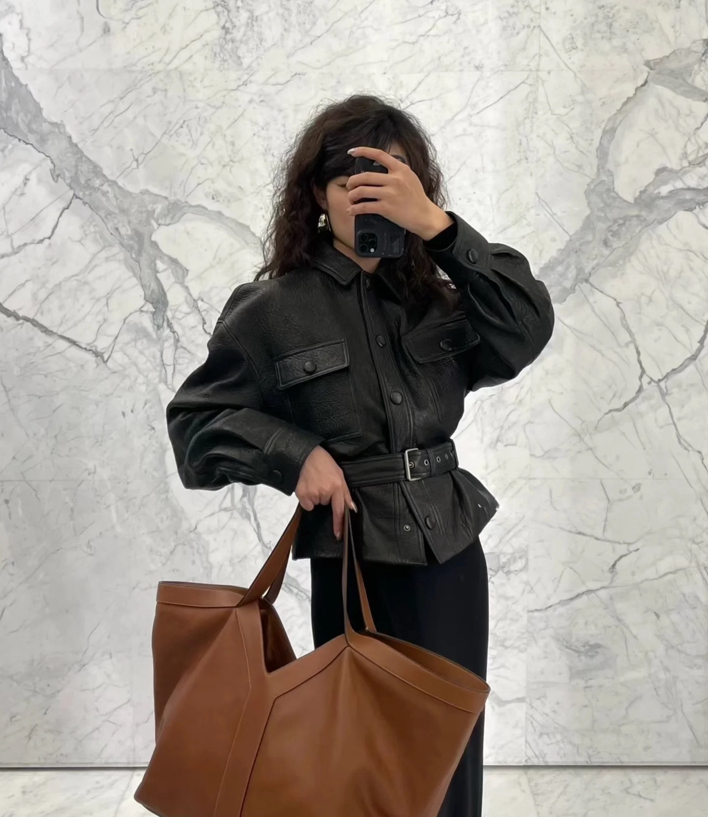 【巴黎情怀】气场十足进口泡泡皮酷飒女人腰带皮衣外套