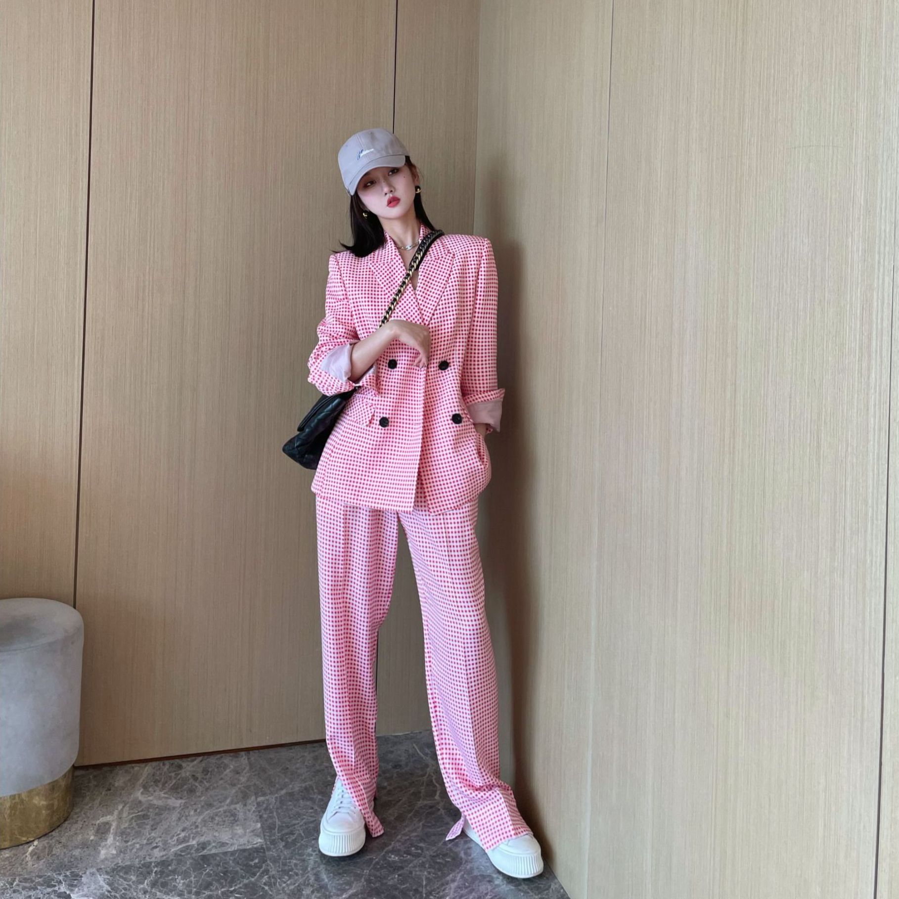 NancyCavally设计师款廓形复古红粉西装格纹时尚休闲春秋外套女 