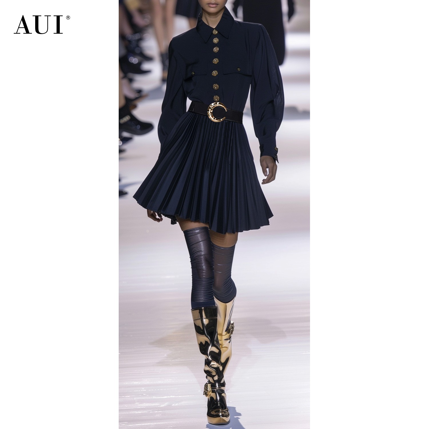 【粉丝专享】AUI藏青色设计感泡泡袖显瘦衬衫连衣裙XX-24W014769