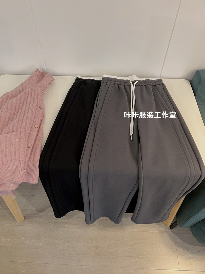 REKAYYAT“眺望”冬季新款个性时尚百搭珠地撞色腰拼接加绒弯刀裤