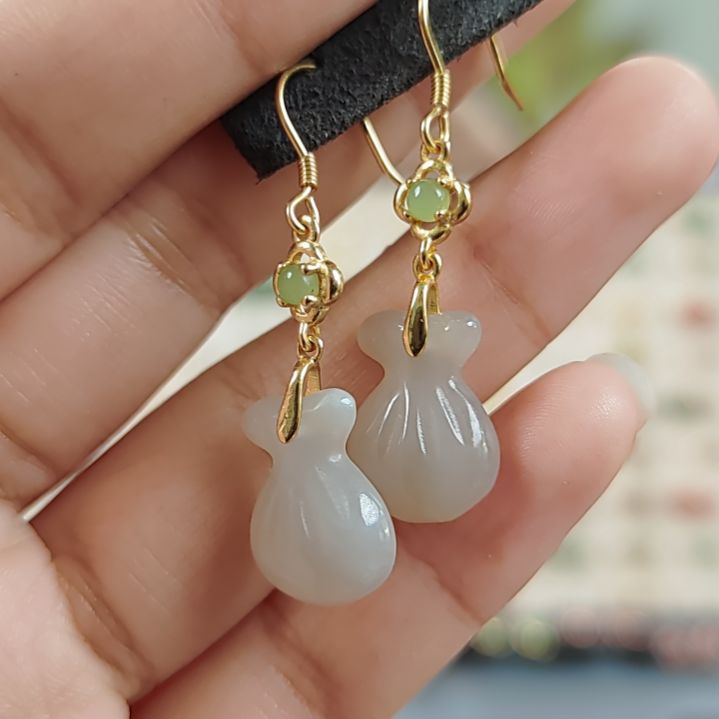 和田玉耳饰银S925镶嵌耳饰