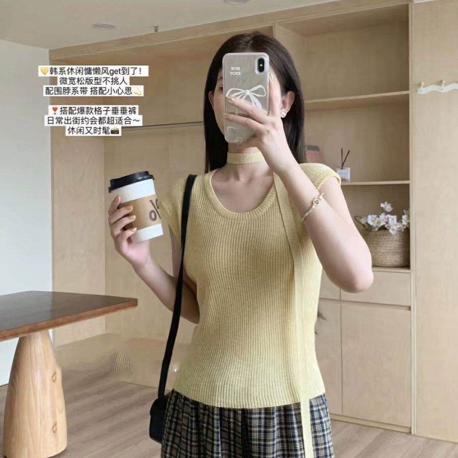 夏季新款韩版简约韩系u领冰丝针织衫女百搭宽松上衣配领绳
