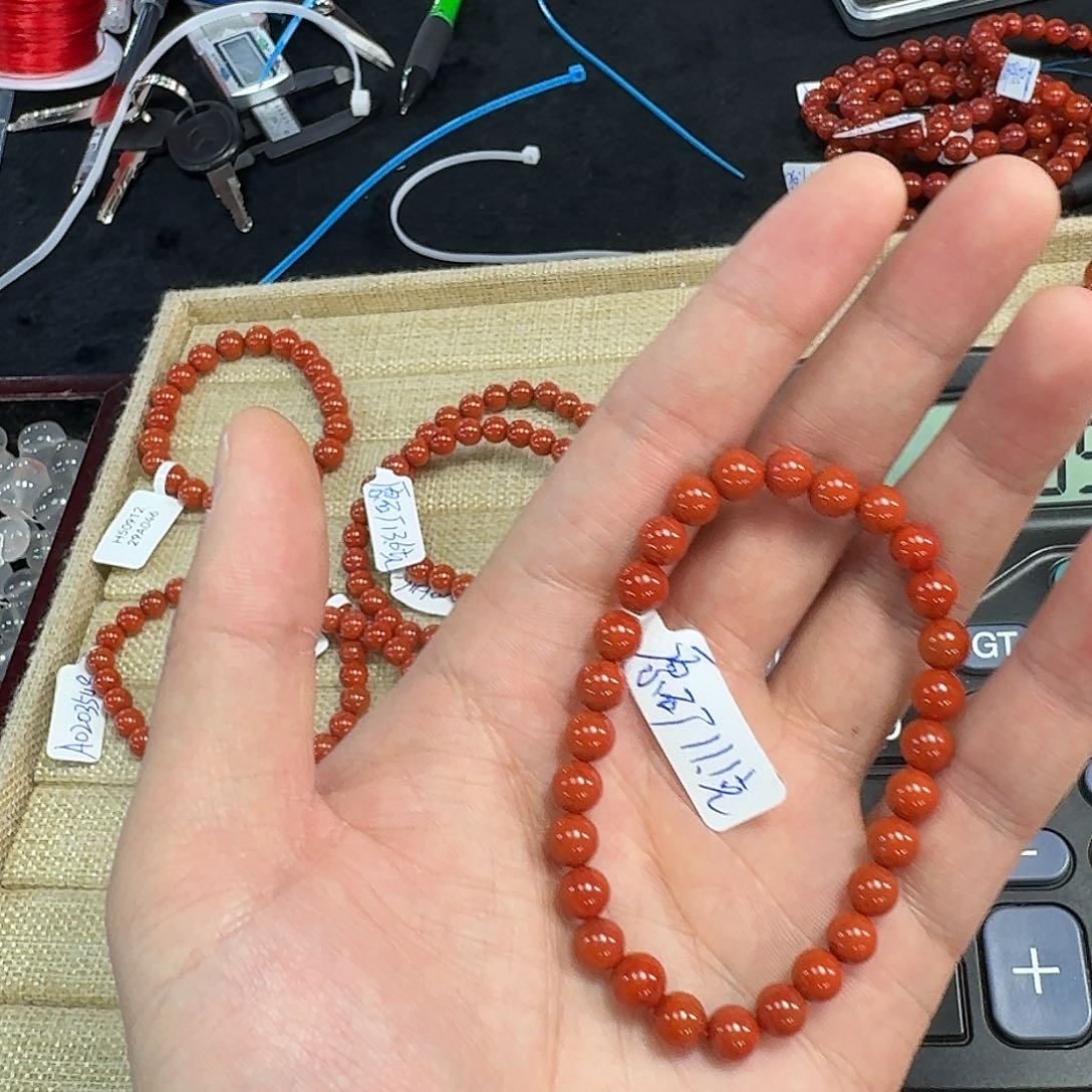 南红玛瑙手链未镶嵌原矿南红手串6mm➕瓦西满肉柿子红