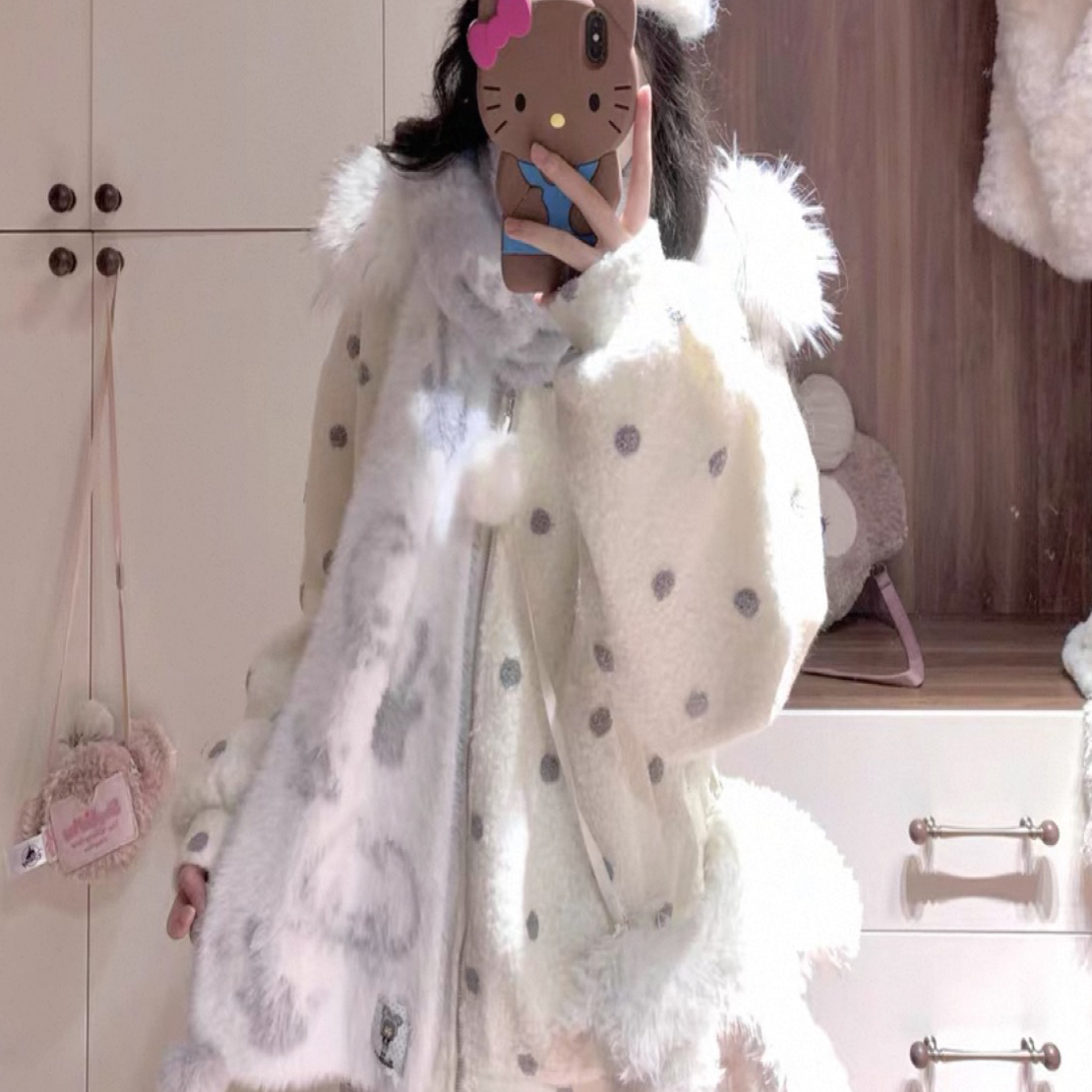 晚安兔子 波点可拆卸毛领连帽夹棉毛呢卫衣外套女#8360