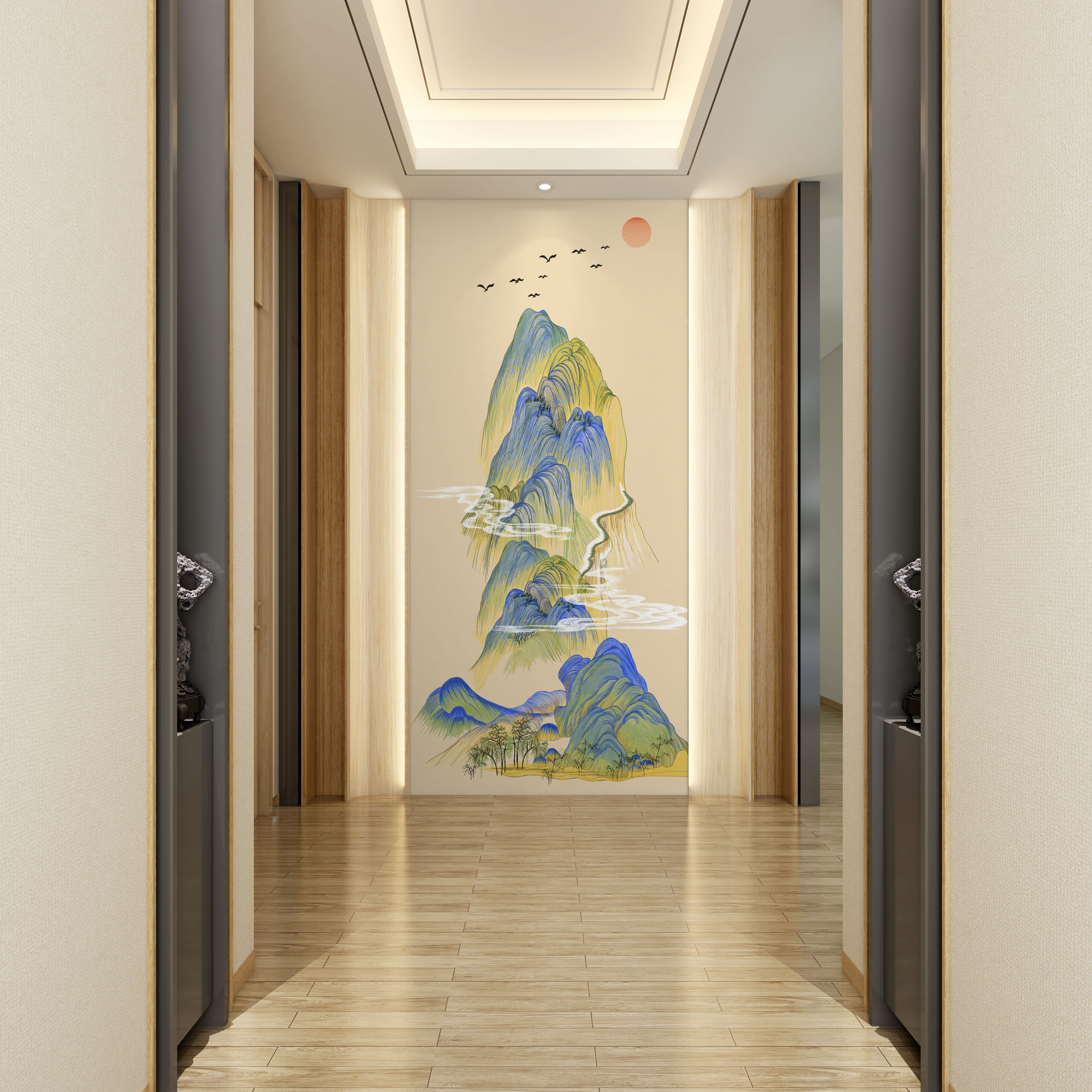 馨绣居-江山之巅刺绣背景适用于玄关过道等高端加厚墙布