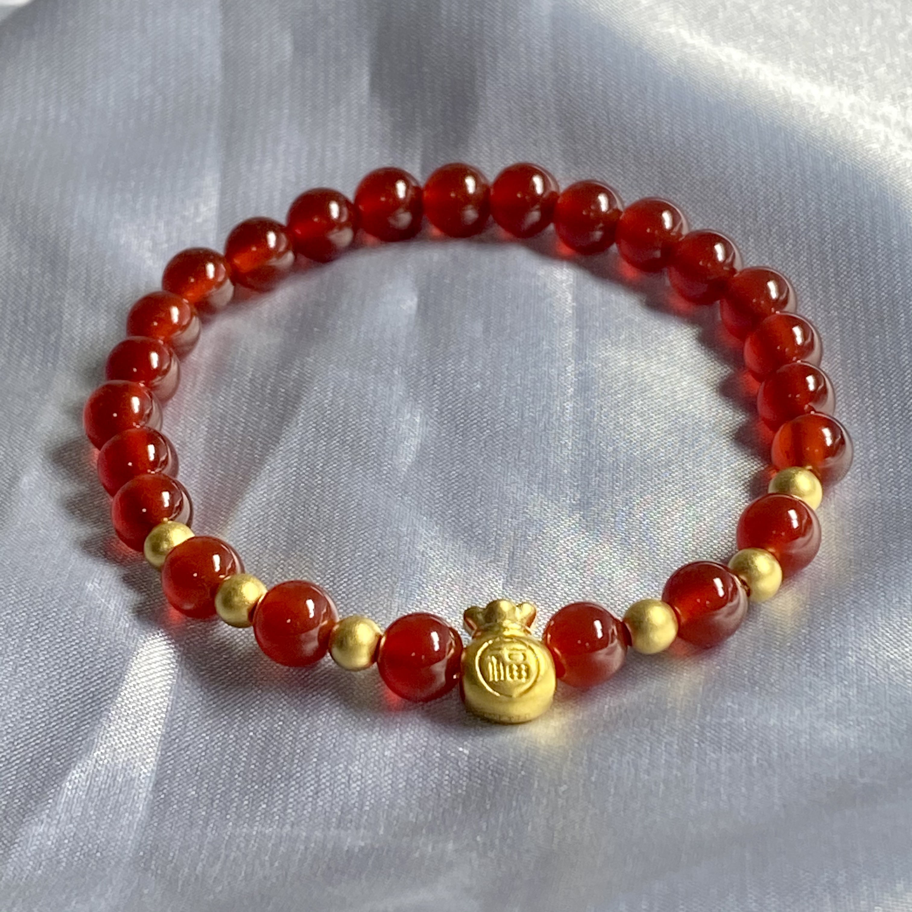 【直播专享】足金999福袋+卡4古法6颗编好 红玛  瑙手串@@A202