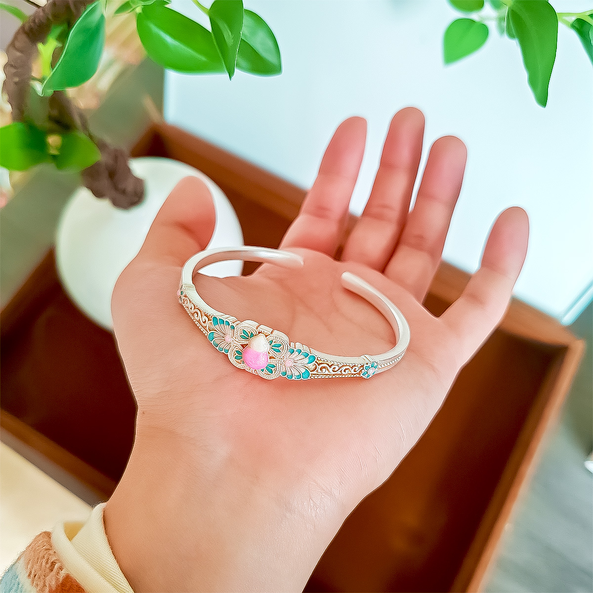 足银手镯 足银珐琅手镯  b139纳福禄桃仙珐琅葫芦手镯女新中式23