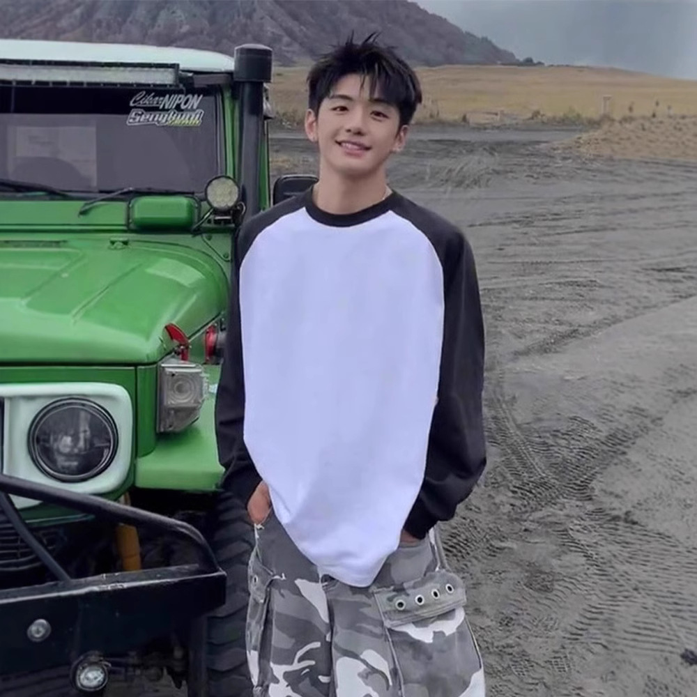 男美式t恤纯棉潮牌运动宽松潮重磅秋季插肩袖休闲长袖体恤衫撞色