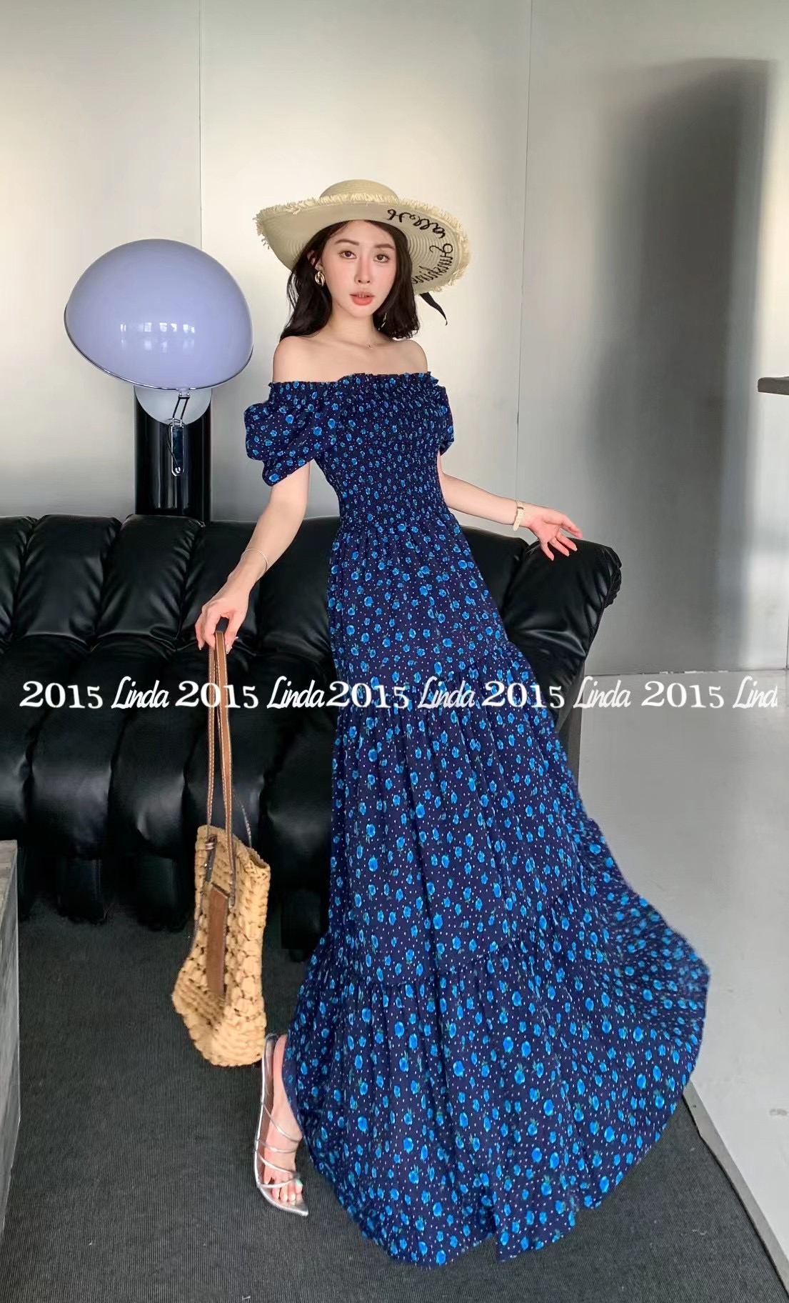 【蓝松石小碎花】大长裙大摆裙一字肩拍照度假旅行连衣裙沙滩裙温婉