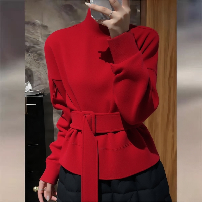 2025秋冬新款红色高领卫衣女士时尚洋气减龄宽松显瘦收腰系带上衣