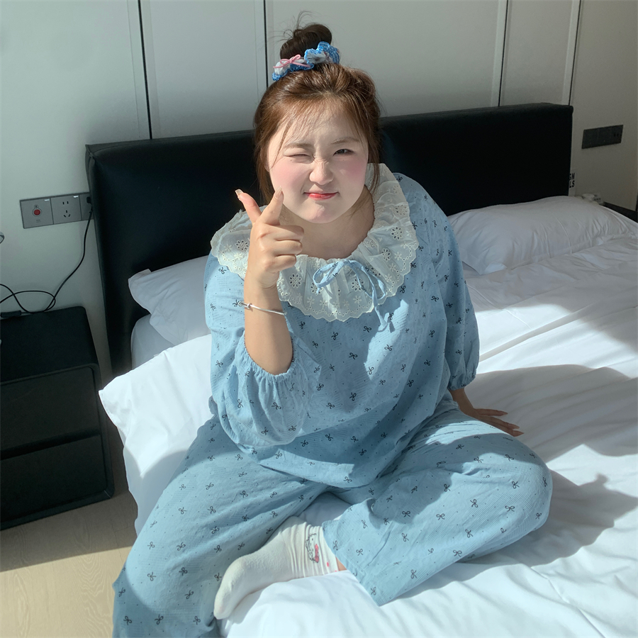 大码胖MM200斤秋季长袖长裤纯棉棉纱蓝色蝴蝶结印花宽松睡衣