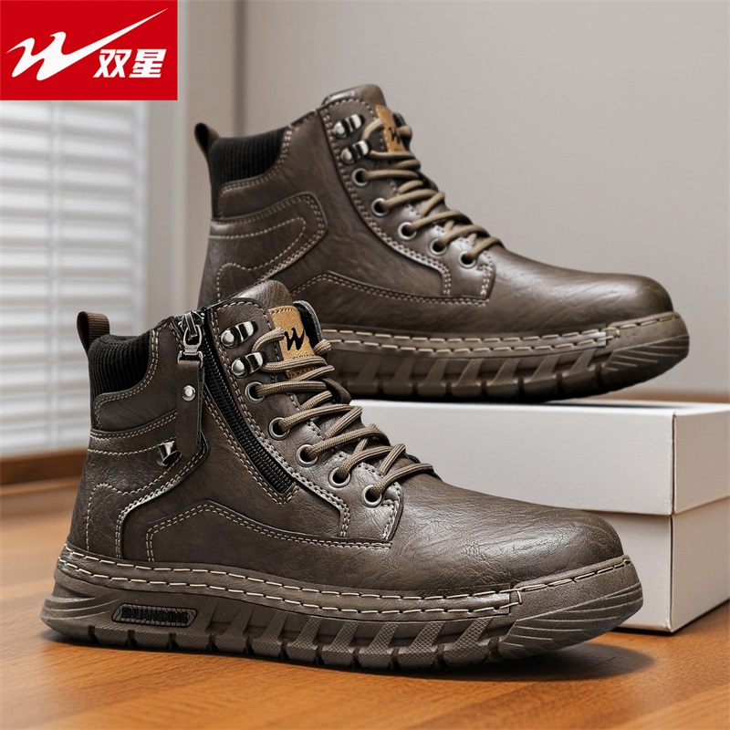 双星马丁靴男款2025秋季新款英伦高帮男靴真皮工装靴厚底皮靴男鞋