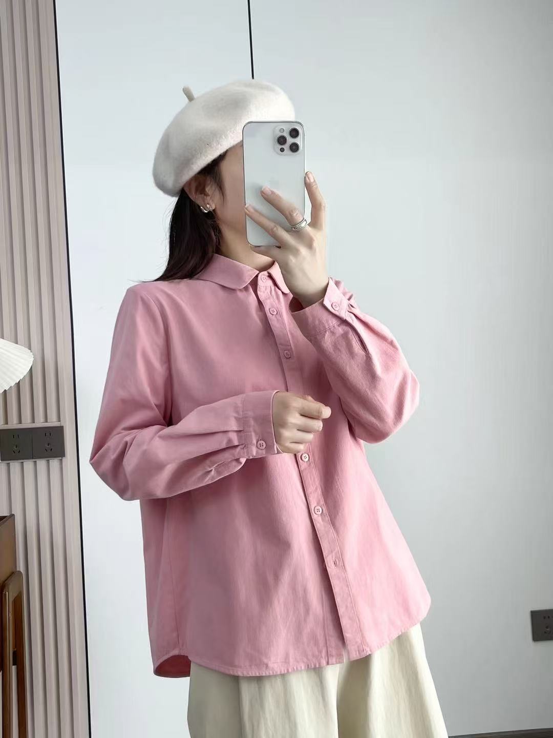 {100%棉}秋冬色织水洗磨毛纯棉韩版小众衬衫气质衬衣女休闲宽松