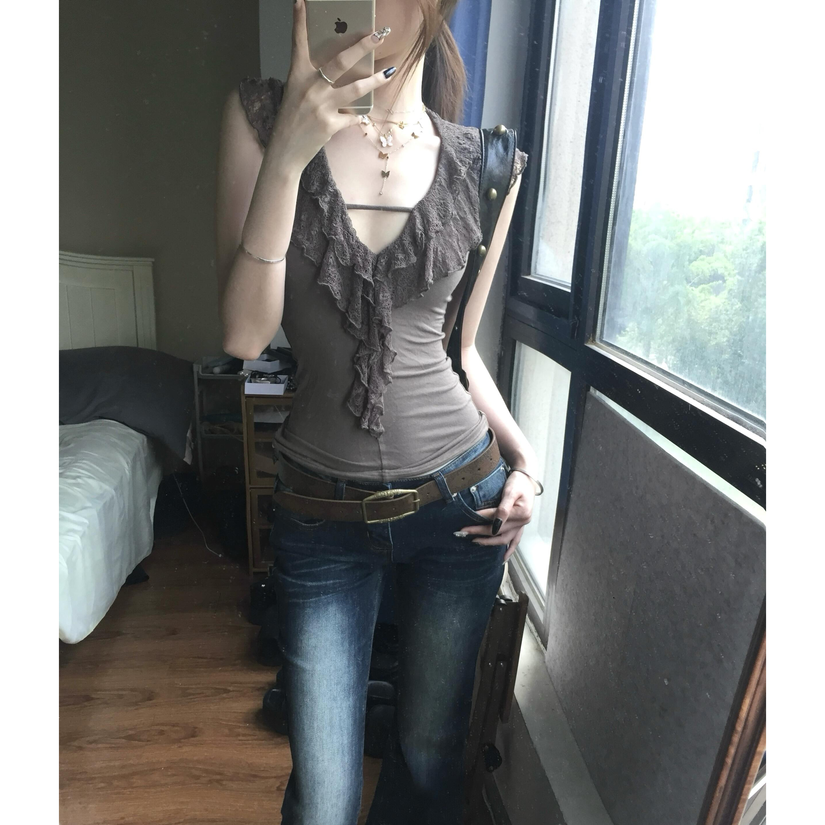 法式独特别致双层花边背心夏季新款辣妹修身显瘦百搭纯欲女上衣潮