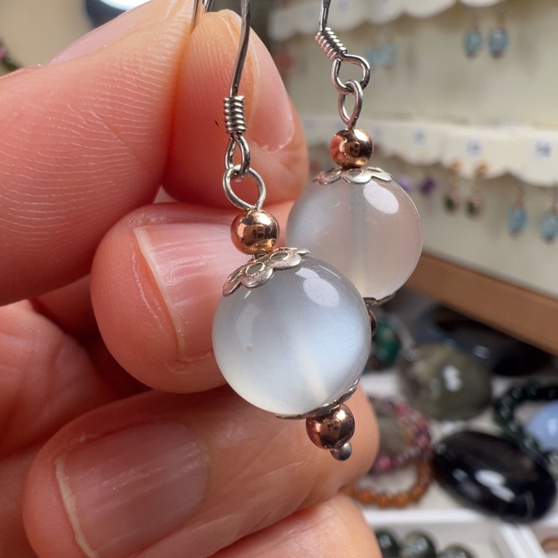 长石银S925镶嵌耳钉天然白光月光石