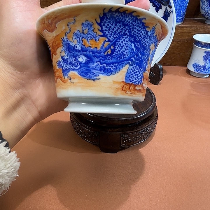 青花手工手绘龙纹盖碗