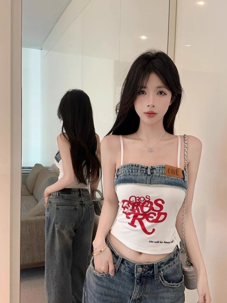 夏季泰式酷辣妹美式牛仔一字肩抹胸吊带背心独特绝美