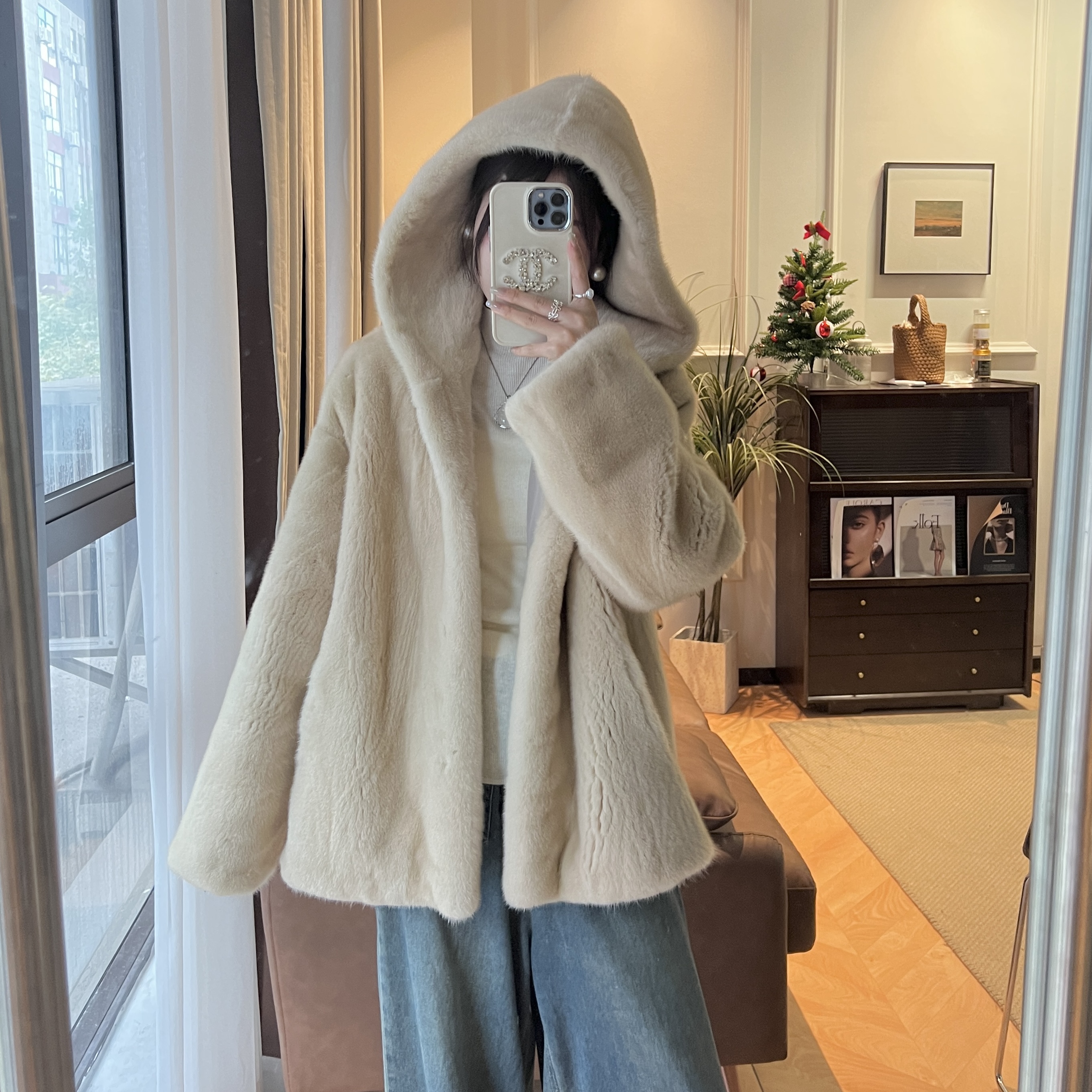 玉玉【连帽】天鹅绒级水貂毛皮草外套整貂皮大衣女