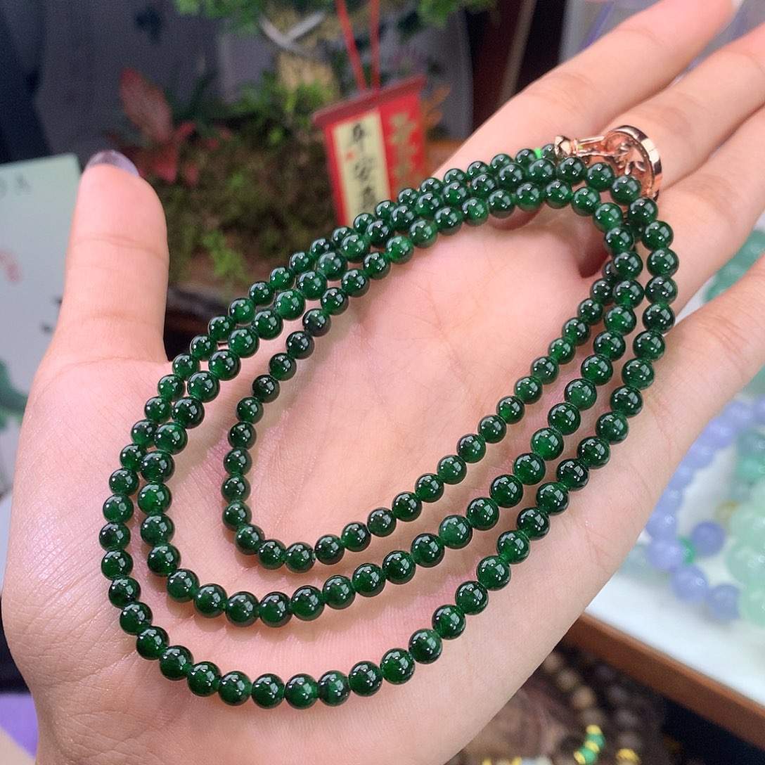 翡翠未镶嵌手链辣绿小米珠项链