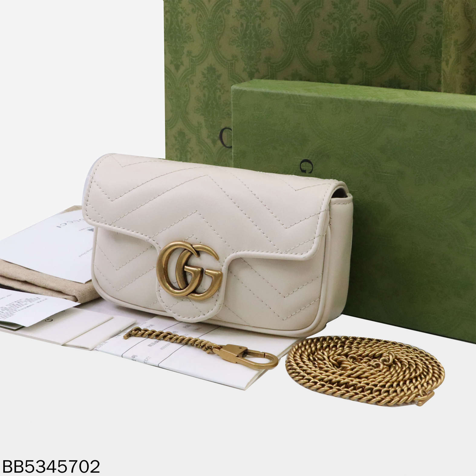 99新 GUCCI/古驰 白金马蒙mini链条包/BB5345702