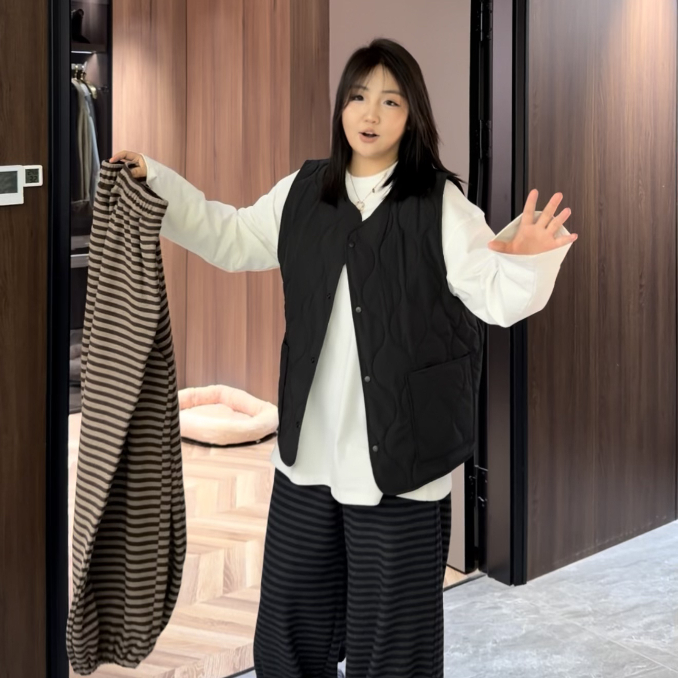 二狗服饰【韩国奶奶裤】条纹加绒软糯慵懒风高腰阔腿裤