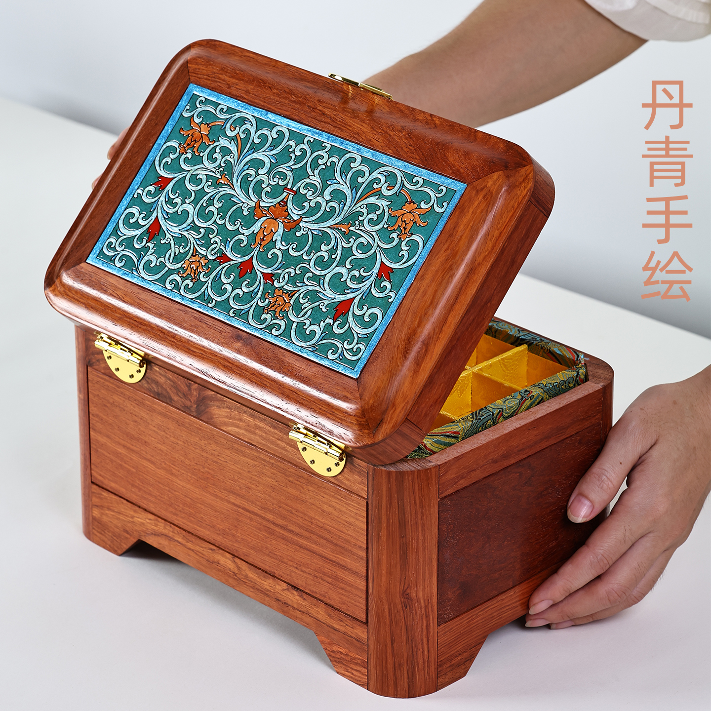 首饰盒/箱 花梨木丹青手工绘制珠宝箱收纳箱收藏品国风中式