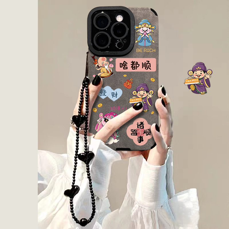 适用苹果16pro华为vivo小米oppo手机壳瞳眼皮质啥都顺财神女防摔