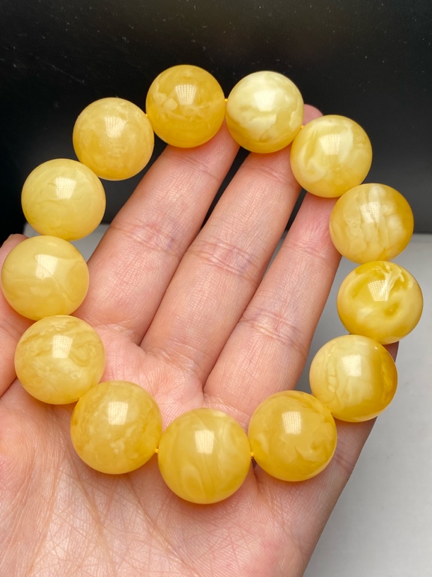 天然原矿鸡油黄飘花蜜蜡17mm单圈圆珠手串