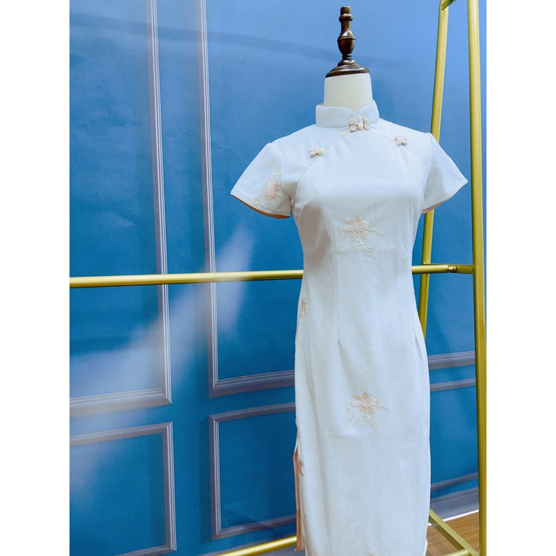 V-2578 蓝凤仙 波纹提花复合 夏款年轻款改良旗袍110cm长款