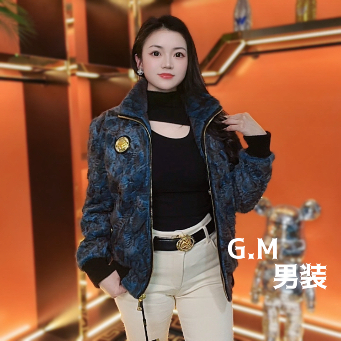 高端定制男士琥珀卷毛金卡拉库立领夹克时尚男装外套26718