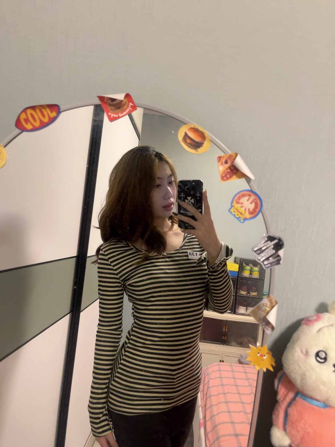 美式条纹设计感纯欲修身显瘦长袖T恤女秋新款辣妹收腰打底衫上衣