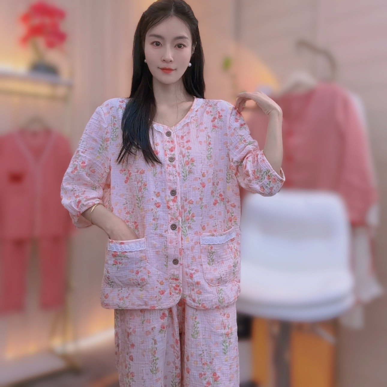 夏季新款【十里桃花】母婴级A类100%棉七分袖长裤套装睡衣家居服2
