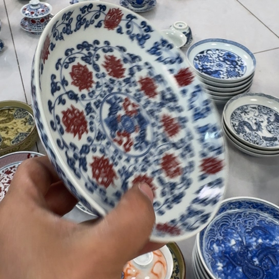 陶摆件釉里红缠枝莲大壶承17.5