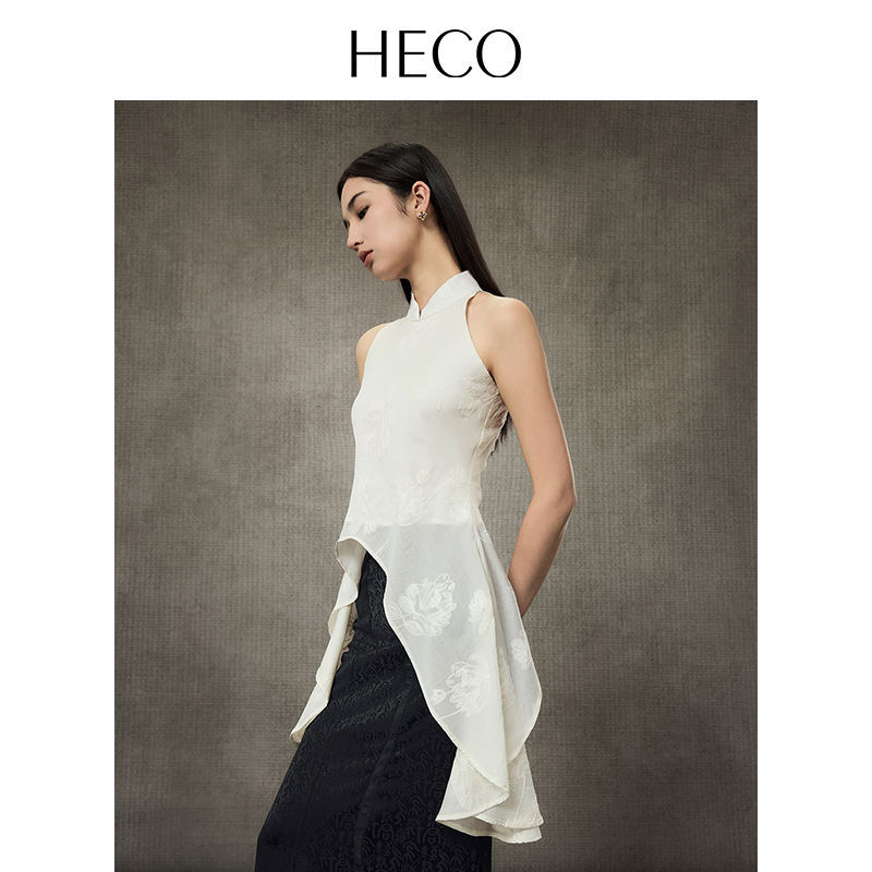 HECO【天上仙】新中式小立领醋酸不对称波浪边背心女优雅花卉上衣