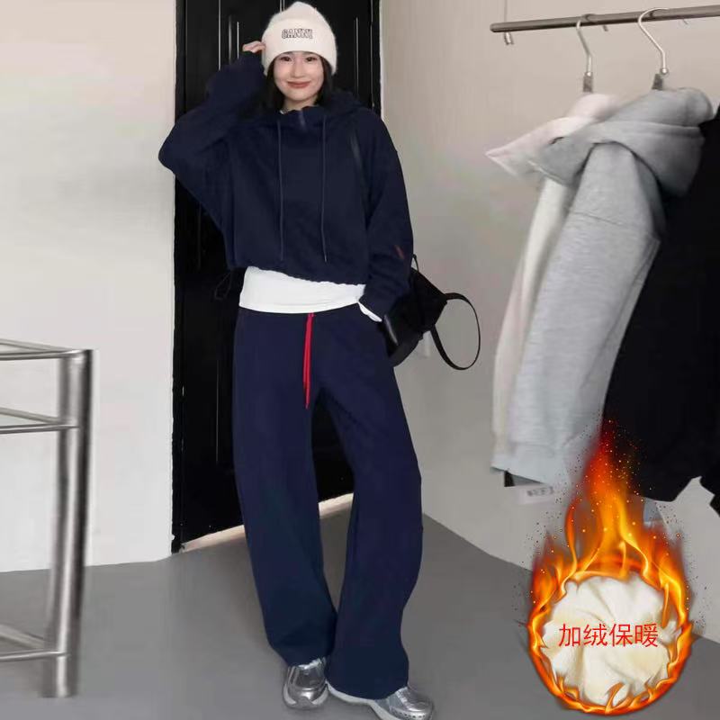 X1335加绒加厚休闲运动套装2025秋冬时尚上衣+直筒裤两件套