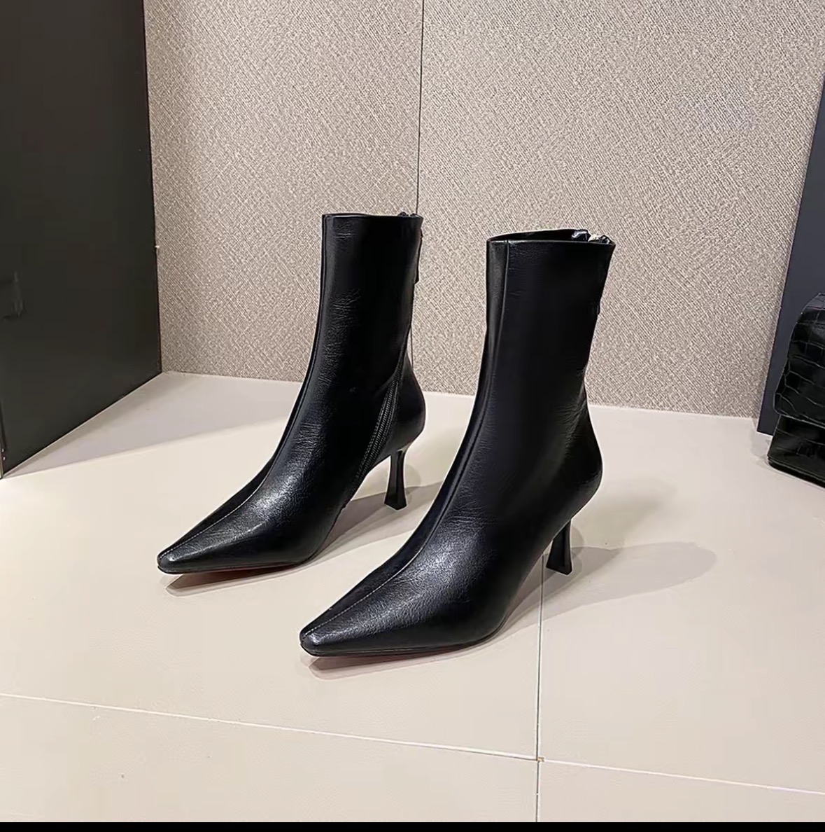 （5厘米）加绒6613-9黑色红底细跟高跟鞋短靴